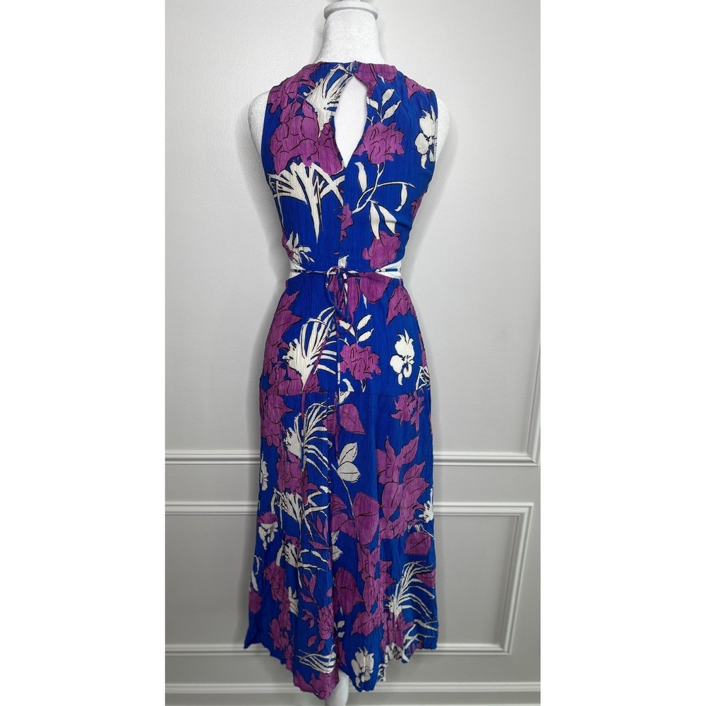 Mango MNG Blue Purple Floral Plissé Cut-Out Maxi Dress XS Sleeveless Summer - Picture 3 of 7